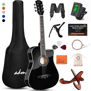 imageADM 38quot Inch Acoustic Guitar Bundle for Beginners Adults with Online Lesson Cutaway Wood Acustica Guitarra Starter Set Package with Gig Bag Strap Steel Strings Picks Capos Stand GreenBlack