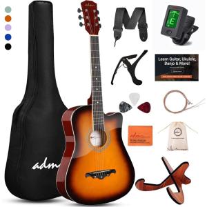 imageADM 38quot Inch Acoustic Guitar Bundle for Beginners Adults with Online Lesson Cutaway Wood Acustica Guitarra Starter Set Package with Gig Bag Strap Steel Strings Picks Capos Stand GreenSunburst