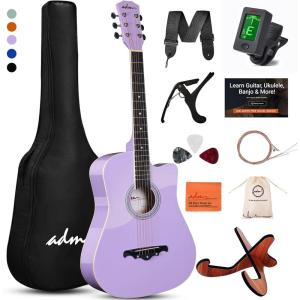 imageADM 38quot Inch Acoustic Guitar Bundle for Beginners Adults with Online Lesson Cutaway Wood Acustica Guitarra Starter Set Package with Gig Bag Strap Steel Strings Picks Capos Stand GreenPurple