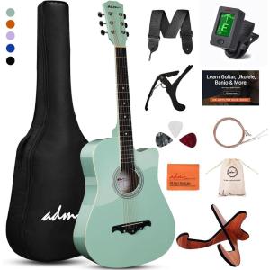 imageADM 38quot Inch Acoustic Guitar Bundle for Beginners Adults with Online Lesson Cutaway Wood Acustica Guitarra Starter Set Package with Gig Bag Strap Steel Strings Picks Capos Stand GreenGreen