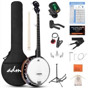 imageADM Banjo 5 String Full Size Banjoes Set 38 Inch Beginner Banjo Kit with Resonator Remo Drum Head Open or Closed Back Gift Package Free Lessons Starter Accessories for Adults Teenager BrownBrownUpgrade