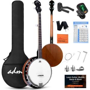 imageADM Banjo 5 String Full Size Banjoes Set 38 Inch Beginner Banjo Kit with Resonator Remo Drum Head Open or Closed Back Gift Package Free Lessons Starter Accessories for Adults Teenager BrownBrown