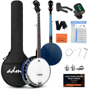 imageADM Banjo 5 String Full Size Banjoes Set 38 Inch Beginner Banjo Kit with Resonator Remo Drum Head Open or Closed Back Gift Package Free Lessons Starter Accessories for Adults Teenager BrownBlueburst