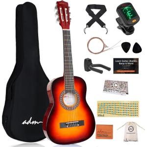 imageADM Beginner Acoustic Classical Guitar 30 Inch Nylon Strings Wooden Guitar Bundle Kit for Kid Boy Girl Student Youth Guitarra Online Lessons with Gig Bag Strap Tuner Extra Strings PicksBlack 1Sunbrust