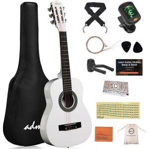 imageADM Beginner Acoustic Classical Guitar 30 Inch Nylon Strings Wooden Guitar Bundle Kit for Kid Boy Girl Student Youth Guitarra Online Lessons with Gig Bag Strap Tuner Extra Strings PicksBlack 1White