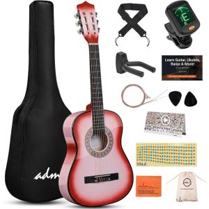 imageADM Beginner Acoustic Classical Guitar 30 Inch Nylon Strings Wooden Guitar Bundle Kit for Kid Boy Girl Student Youth Guitarra Online Lessons with Gig Bag Strap Tuner Extra Strings PicksPink 1Pink