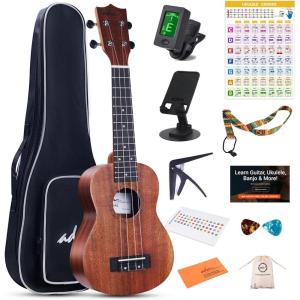 imageADM Concert Ukulele Beginner Kit Mahogany Hawaiian Wood Ukelele Bundle Ukalalee Set with Uke Free Starter Lessons for kids Students and Adults Yellow Brown Khaki 23 inchKhaki