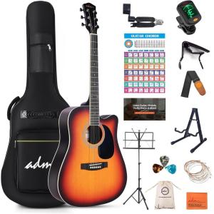 imageADM Dreadnought Acoustic Guitar Kit with Free Lesson for Beginner Adult Teen Full Size Acustica Guitarra Starter Bundle Set wBag Strap Tuner Capo Pickguard Music Stand Right HandSunburst 41 InchSunburstCutaway