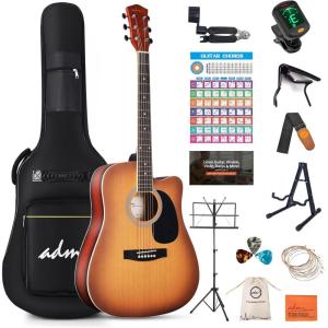imageADM Dreadnought Acoustic Guitar Kit with Free Lesson for Beginner Adult Teen Full Size Acustica Guitarra Starter Bundle Set wBag Strap Tuner Capo Pickguard Music Stand Right HandSunburst 41 InchBrownCutaway