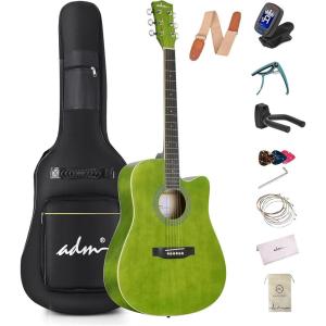 imageADM Dreadnought Acoustic Guitar Kit with Free Lesson for Beginner Adult Teen Full Size Acustica Guitarra Starter Bundle Set wBag Strap Tuner Capo Pickguard Music Stand Right HandSunburst 41 InchGreen