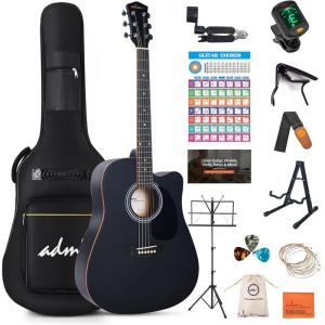 imageADM Dreadnought Acoustic Guitar Kit with Free Lesson for Beginner Adult Teen Full Size Acustica Guitarra Starter Bundle Set wBag Strap Tuner Capo Pickguard Music Stand Right HandSunburst 41 InchBlackCutaway