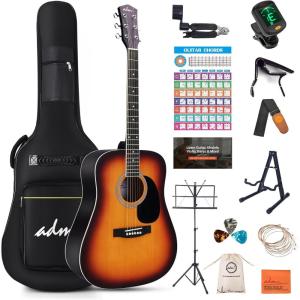 imageADM Dreadnought Acoustic Guitar Kit with Free Lesson for Beginner Adult Teen Full Size Acustica Guitarra Starter Bundle Set wBag Strap Tuner Capo Pickguard Music Stand Right HandSunburst 41 InchSunburst