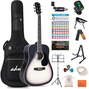 imageADM Dreadnought Acoustic Guitar Kit with Free Lesson for Beginner Adult Teen Full Size Acustica Guitarra Starter Bundle Set wBag Strap Tuner Capo Pickguard Music Stand Right HandSunburst 41 InchGrey