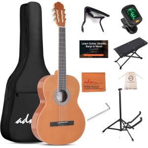 imageADM Full Size Classical Nylon Strings Acoustic Guitar 29 x 75x 50mm Classic Guitarra Starter Bundle for Adult with Free Lessons Gig Bag Tuner Footstool Kids Student Beginner Kits NatureYellow