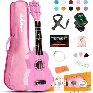 imageADM Ukulele for Beginners Hawaiian Wood Ukelele Kit for Kids Adult Student Starter Professional Ukalelee Pack Bundle with Free Lessons Gig Bag Strap Nylon String Tuner BrownSapele 21 InchPink