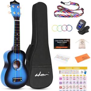 imageADM Ukulele for Beginners Hawaiian Wood Ukelele Kit for Kids Adult Student Starter Professional Ukalelee Pack Bundle with Free Lessons Gig Bag Strap Nylon String Tuner BrownSapele 21 InchBluebrust