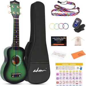imageADM Ukulele for Beginners Hawaiian Wood Ukelele Kit for Kids Adult Student Starter Professional Ukalelee Pack Bundle with Free Lessons Gig Bag Strap Nylon String Tuner BrownSapele 21 InchGreenbrust
