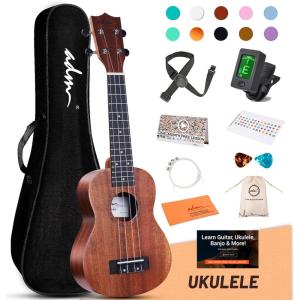 imageADM Ukulele for Beginners Hawaiian Wood Ukelele Kit for Kids Adult Student Starter Professional Ukalelee Pack Bundle with Free Lessons Gig Bag Strap Nylon String Tuner BrownSapele 21 InchBrownSapele