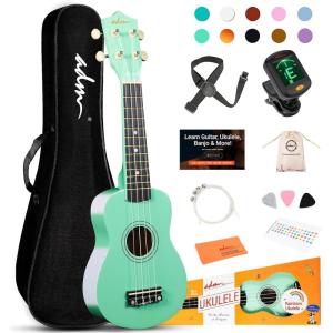 imageADM Ukulele for Beginners Hawaiian Wood Ukelele Kit for Kids Adult Student Starter Professional Ukalelee Pack Bundle with Free Lessons Gig Bag Strap Nylon String Tuner BrownSapele 21 InchCyan Green