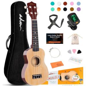 imageADM Ukulele for Beginners Hawaiian Wood Ukelele Kit for Kids Adult Student Starter Professional Ukalelee Pack Bundle with Free Lessons Gig Bag Strap Nylon String Tuner BrownSapele 21 InchNatural