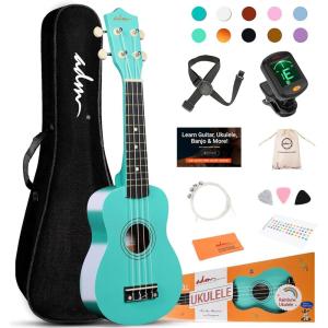 imageADM Ukulele for Beginners Hawaiian Wood Ukelele Kit for Kids Adult Student Starter Professional Ukalelee Pack Bundle with Free Lessons Gig Bag Strap Nylon String Tuner BrownSapele 21 InchMint Green