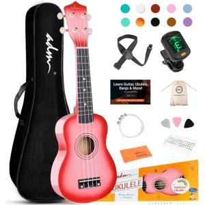imageADM Ukulele for Beginners Hawaiian Wood Ukelele Kit for Kids Adult Student Starter Professional Ukalelee Pack Bundle with Free Lessons Gig Bag Strap Nylon String Tuner BrownSapele 21 InchPinkburst
