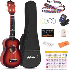 imageADM Ukulele for Beginners Hawaiian Wood Ukelele Kit for Kids Adult Student Starter Professional Ukalelee Pack Bundle with Free Lessons Gig Bag Strap Nylon String Tuner BrownSapele 21 InchBrownbrust