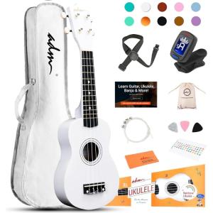 imageADM Ukulele for Beginners Hawaiian Wood Ukelele Kit for Kids Adult Student Starter Professional Ukalelee Pack Bundle with Free Lessons Gig Bag Strap Nylon String Tuner BrownSapele 21 InchWhite