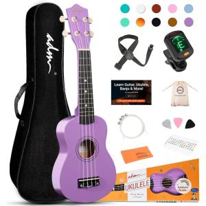 imageADM Ukulele for Beginners Hawaiian Wood Ukelele Kit for Kids Adult Student Starter Professional Ukalelee Pack Bundle with Free Lessons Gig Bag Strap Nylon String Tuner BrownSapele 21 InchLight Purple
