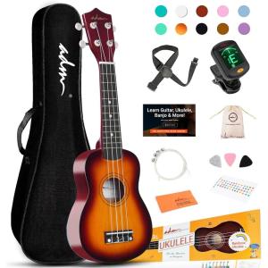 imageADM Ukulele for Beginners Hawaiian Wood Ukelele Kit for Kids Adult Student Starter Professional Ukalelee Pack Bundle with Free Lessons Gig Bag Strap Nylon String Tuner BrownSapele 21 InchSunset