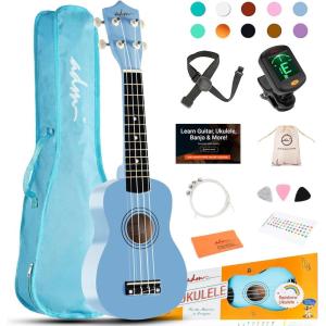 imageADM Ukulele for Beginners Hawaiian Wood Ukelele Kit for Kids Adult Student Starter Professional Ukalelee Pack Bundle with Free Lessons Gig Bag Strap Nylon String Tuner BrownSapele 21 InchBlue