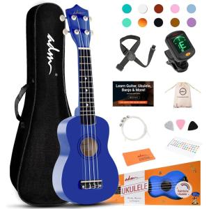 imageADM Ukulele for Beginners Hawaiian Wood Ukelele Kit for Kids Adult Student Starter Professional Ukalelee Pack Bundle with Free Lessons Gig Bag Strap Nylon String Tuner BrownSapele 21 InchNavy