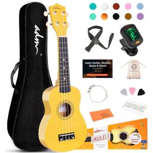 imageADM Ukulele for Beginners Hawaiian Wood Ukelele Kit for Kids Adult Student Starter Professional Ukalelee Pack Bundle with Free Lessons Gig Bag Strap Nylon String Tuner BrownSapele 21 InchBaby Yellow