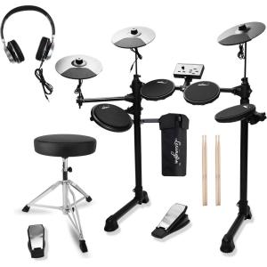 imageADM Electronic Drum Set With 4 Quiet Electric Drum Mesh Pads 180 Sounds Electric Drum Kit For Beginngers with 2 Switch Pedals Throne Headphones DrumSticks and Melodics Lessons